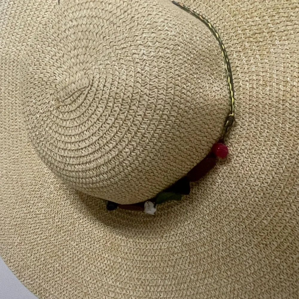 Bohemian Large straw hat with beading detailing with chin strap and bow tie